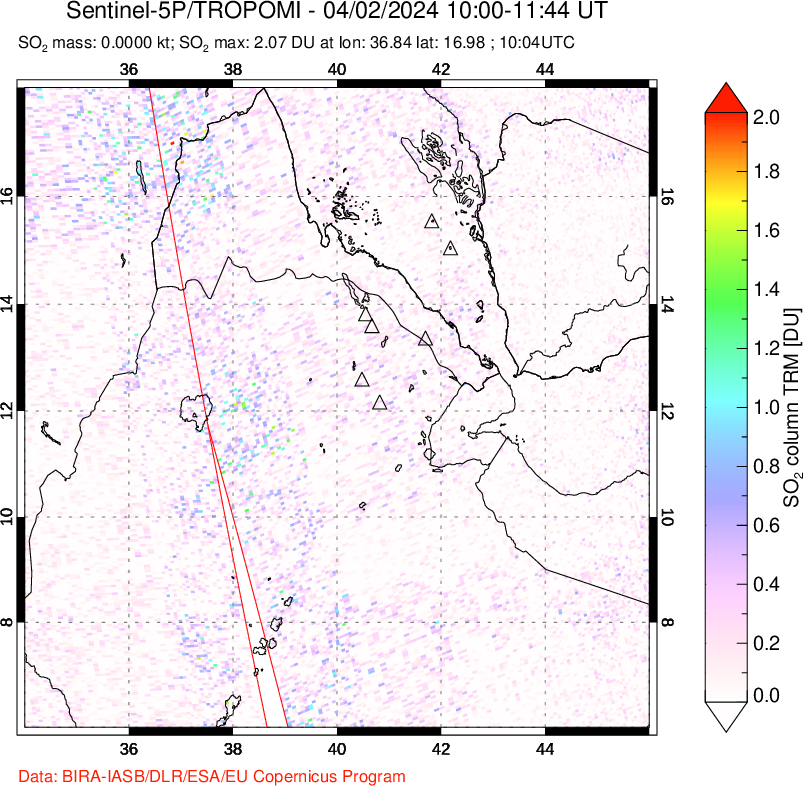 A sulfur dioxide image over Afar and southern Red Sea on Apr 02, 2024.