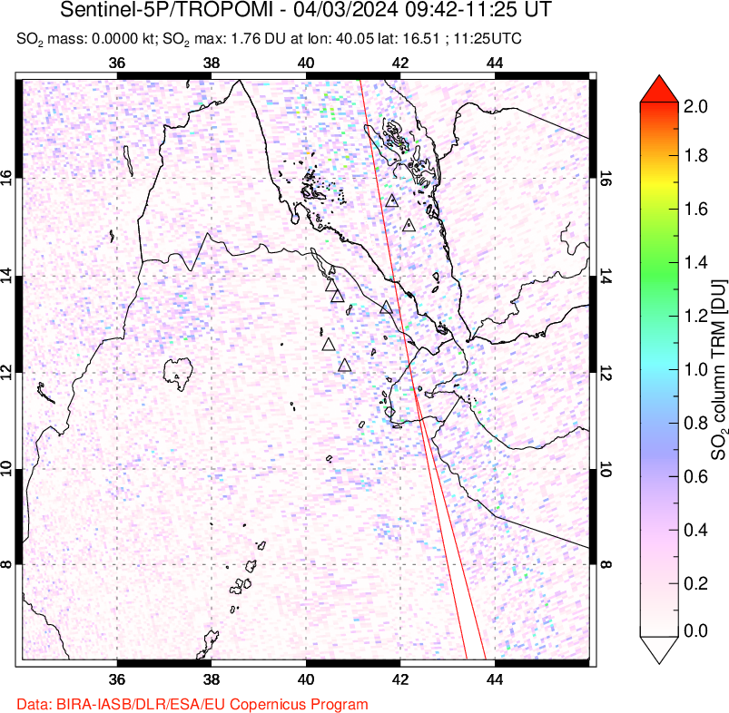 A sulfur dioxide image over Afar and southern Red Sea on Apr 03, 2024.