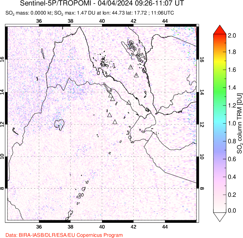 A sulfur dioxide image over Afar and southern Red Sea on Apr 04, 2024.