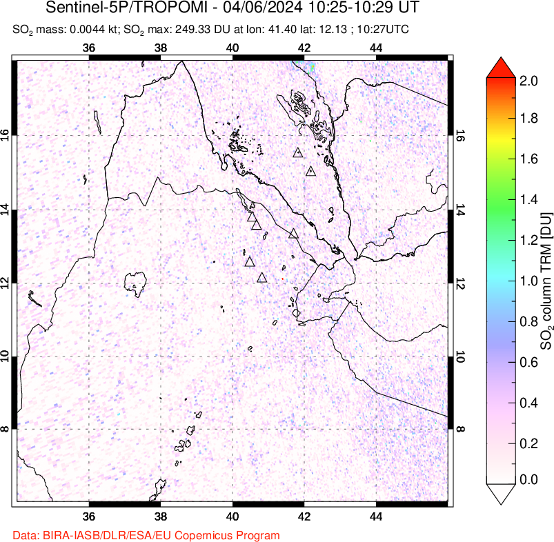 A sulfur dioxide image over Afar and southern Red Sea on Apr 06, 2024.