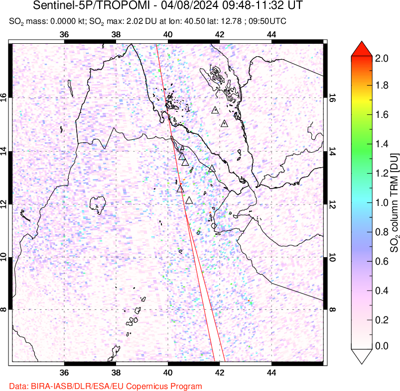 A sulfur dioxide image over Afar and southern Red Sea on Apr 08, 2024.