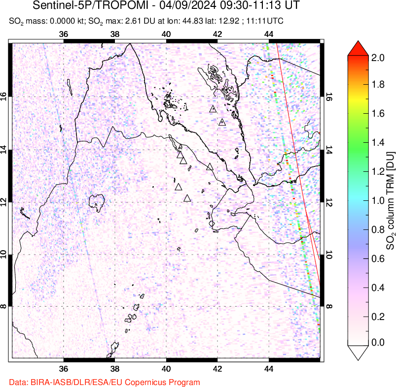 A sulfur dioxide image over Afar and southern Red Sea on Apr 09, 2024.