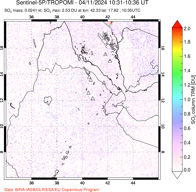 A sulfur dioxide image over Afar and southern Red Sea on Apr 11, 2024.