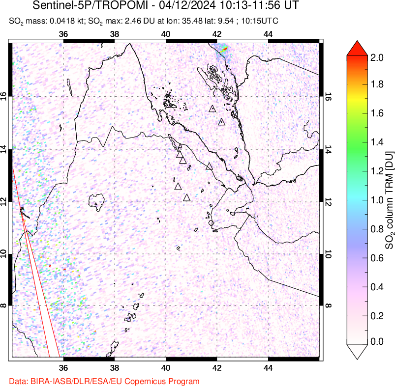 A sulfur dioxide image over Afar and southern Red Sea on Apr 12, 2024.