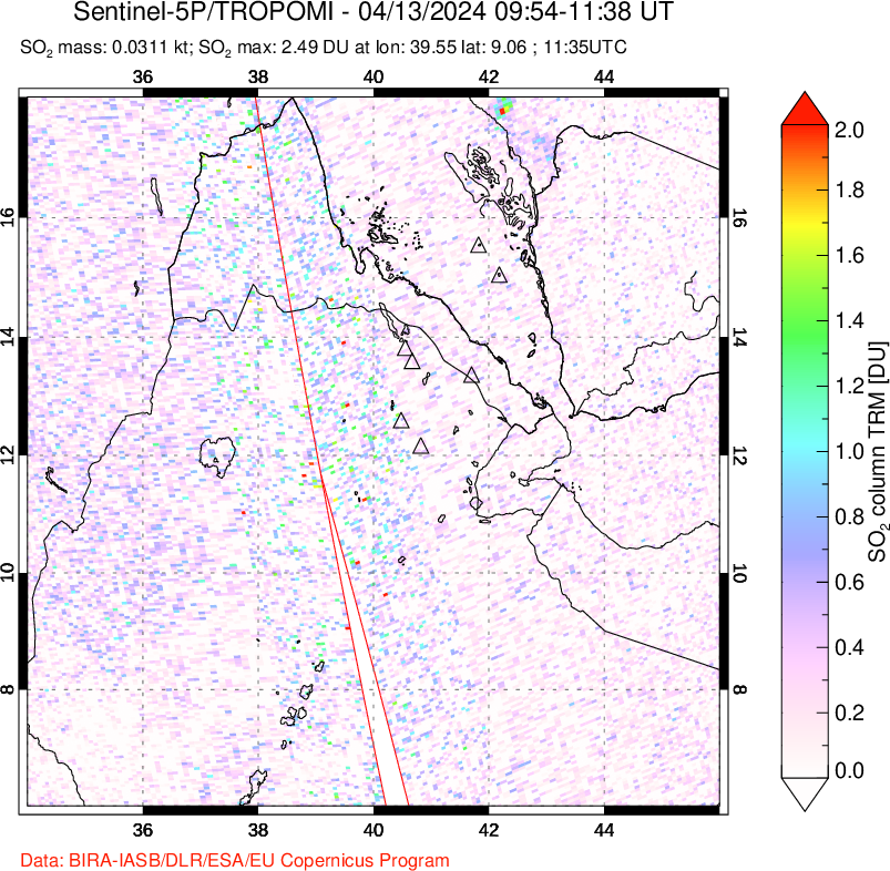 A sulfur dioxide image over Afar and southern Red Sea on Apr 13, 2024.