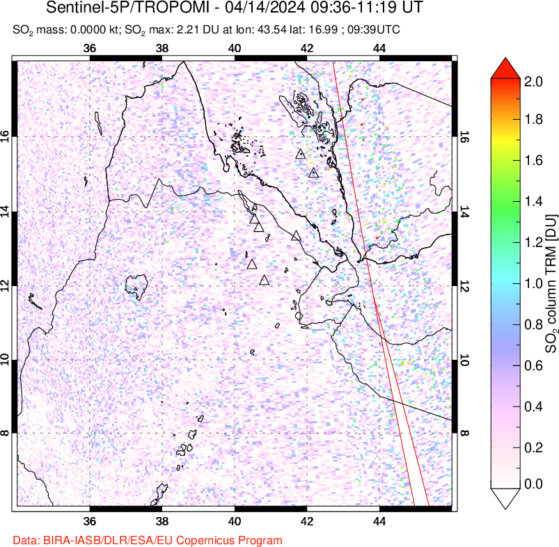 A sulfur dioxide image over Afar and southern Red Sea on Apr 14, 2024.