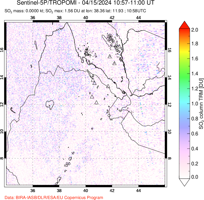 A sulfur dioxide image over Afar and southern Red Sea on Apr 15, 2024.