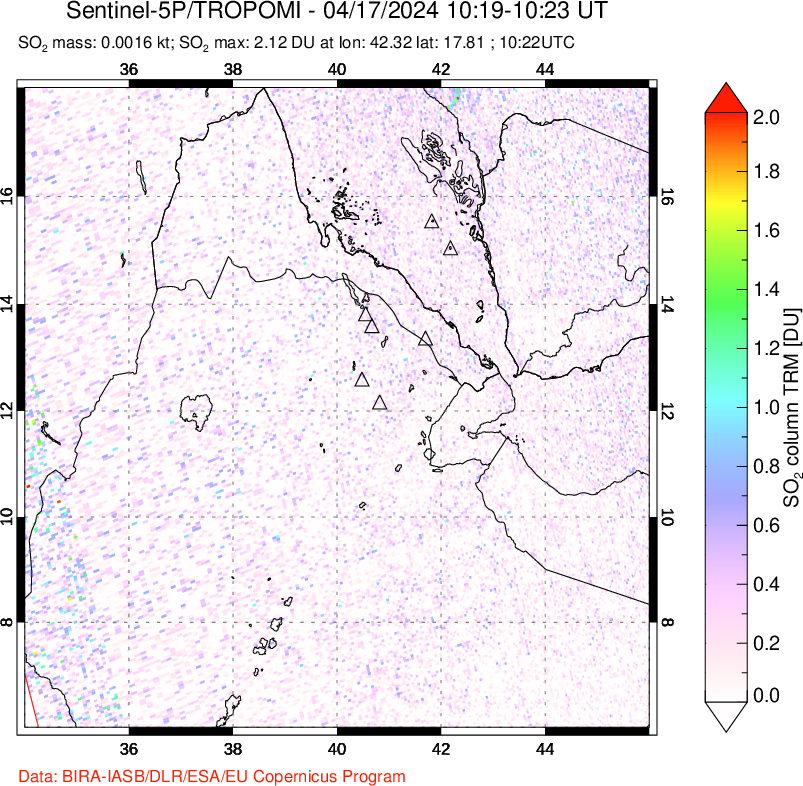 A sulfur dioxide image over Afar and southern Red Sea on Apr 17, 2024.