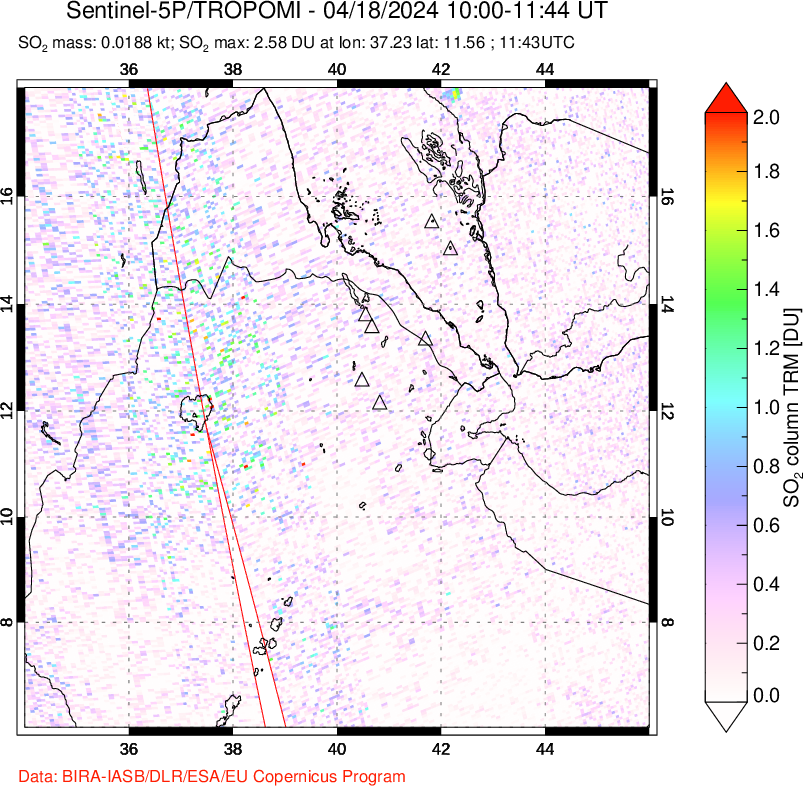 A sulfur dioxide image over Afar and southern Red Sea on Apr 18, 2024.