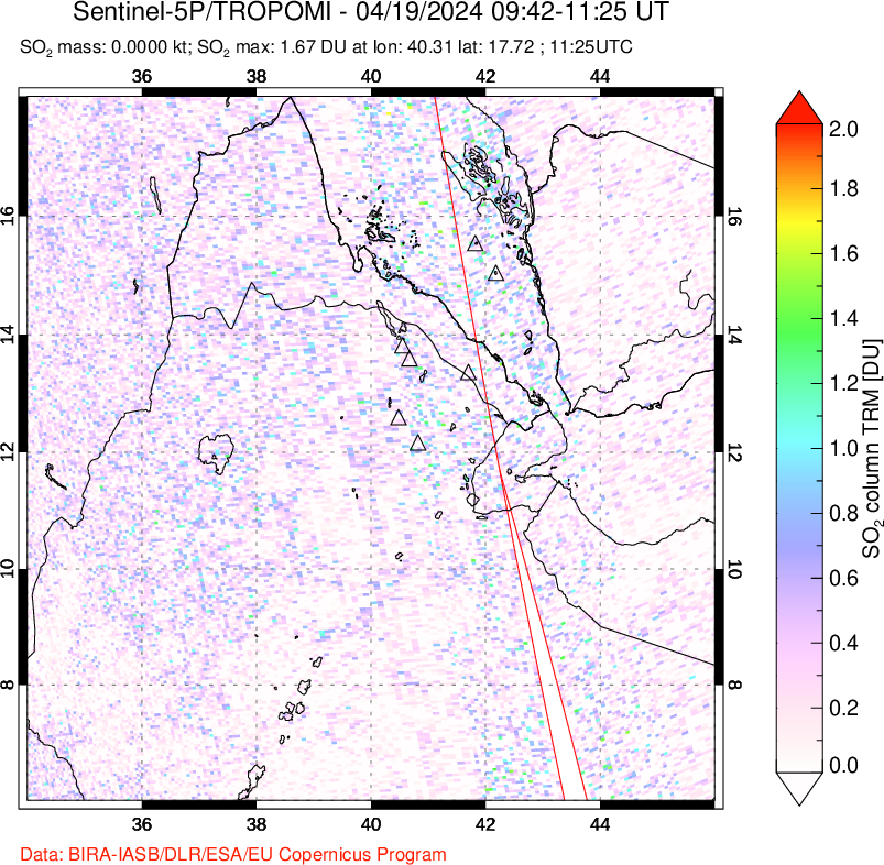 A sulfur dioxide image over Afar and southern Red Sea on Apr 19, 2024.