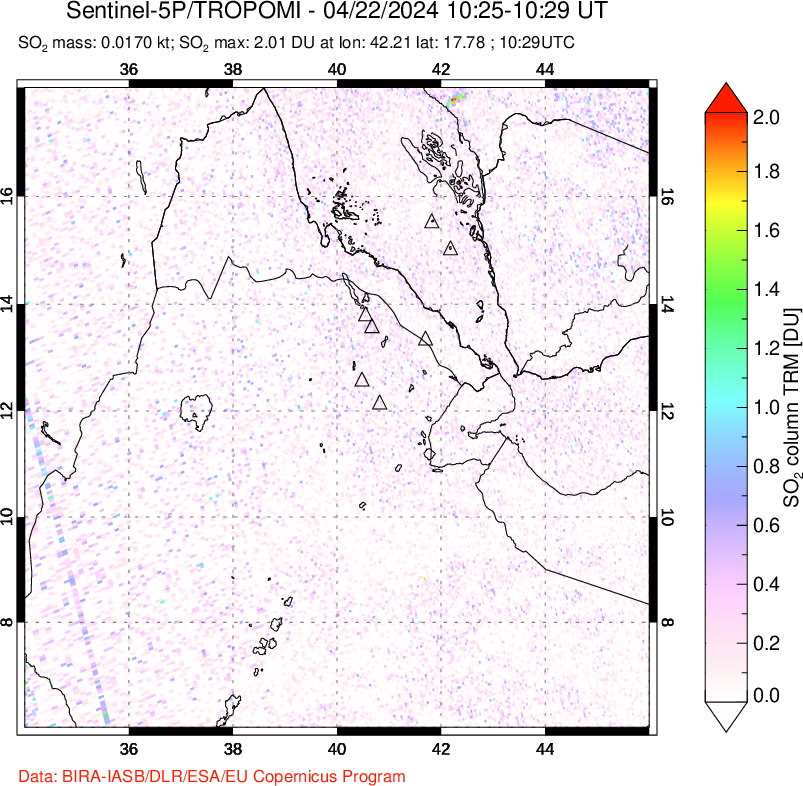 A sulfur dioxide image over Afar and southern Red Sea on Apr 22, 2024.