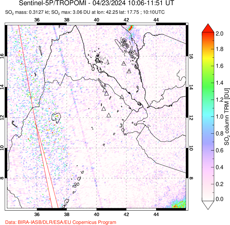 A sulfur dioxide image over Afar and southern Red Sea on Apr 23, 2024.