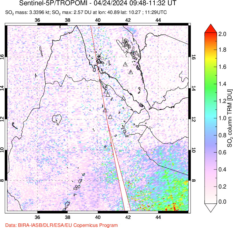 A sulfur dioxide image over Afar and southern Red Sea on Apr 24, 2024.