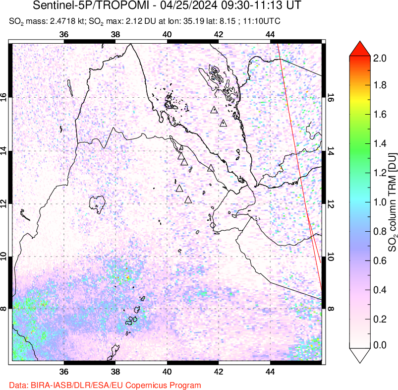 A sulfur dioxide image over Afar and southern Red Sea on Apr 25, 2024.