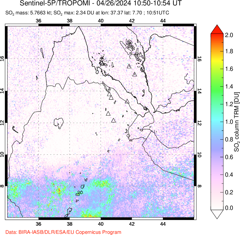 A sulfur dioxide image over Afar and southern Red Sea on Apr 26, 2024.