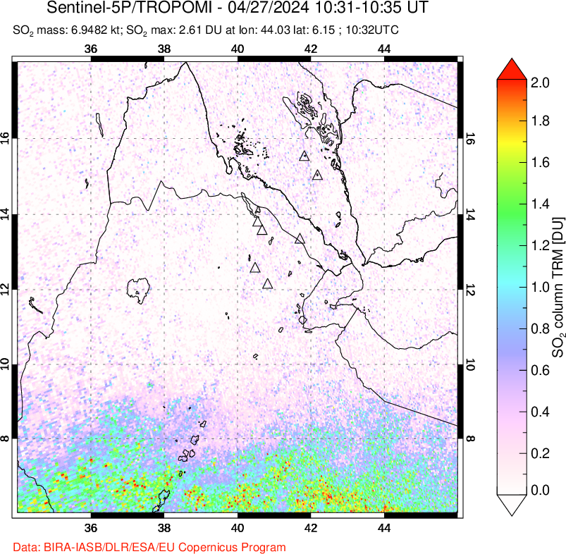 A sulfur dioxide image over Afar and southern Red Sea on Apr 27, 2024.