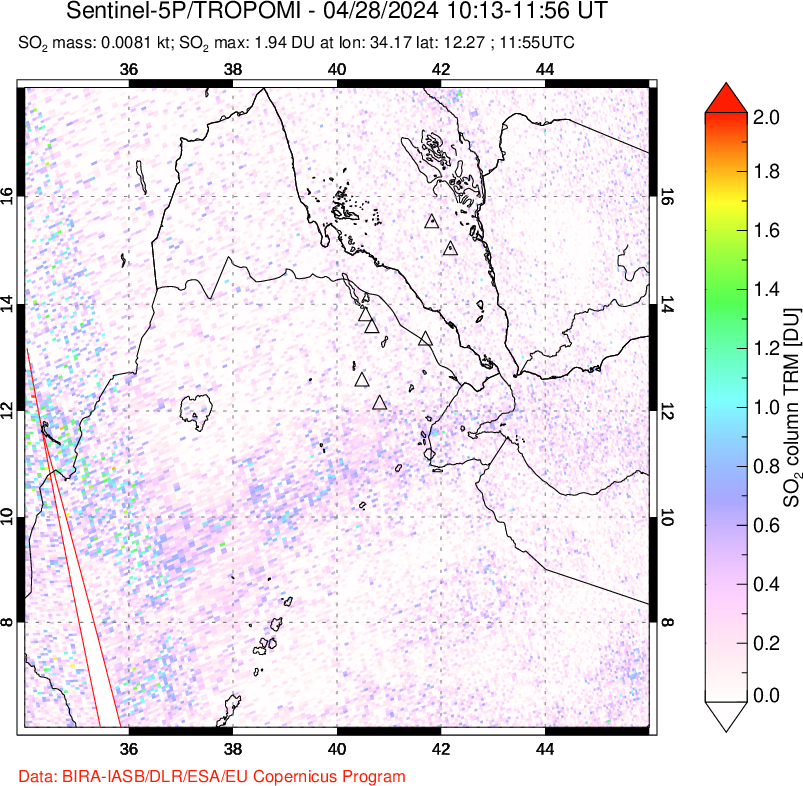 A sulfur dioxide image over Afar and southern Red Sea on Apr 28, 2024.