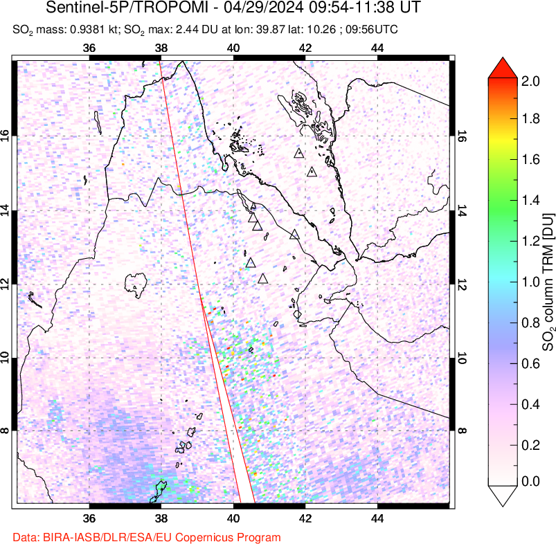 A sulfur dioxide image over Afar and southern Red Sea on Apr 29, 2024.