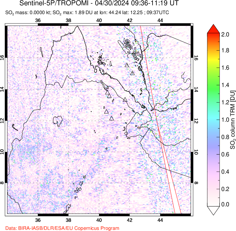 A sulfur dioxide image over Afar and southern Red Sea on Apr 30, 2024.