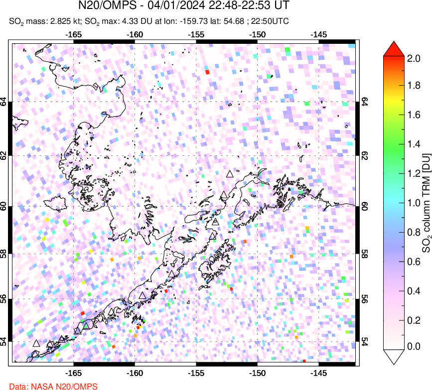 A sulfur dioxide image over Alaska, USA on Apr 01, 2024.