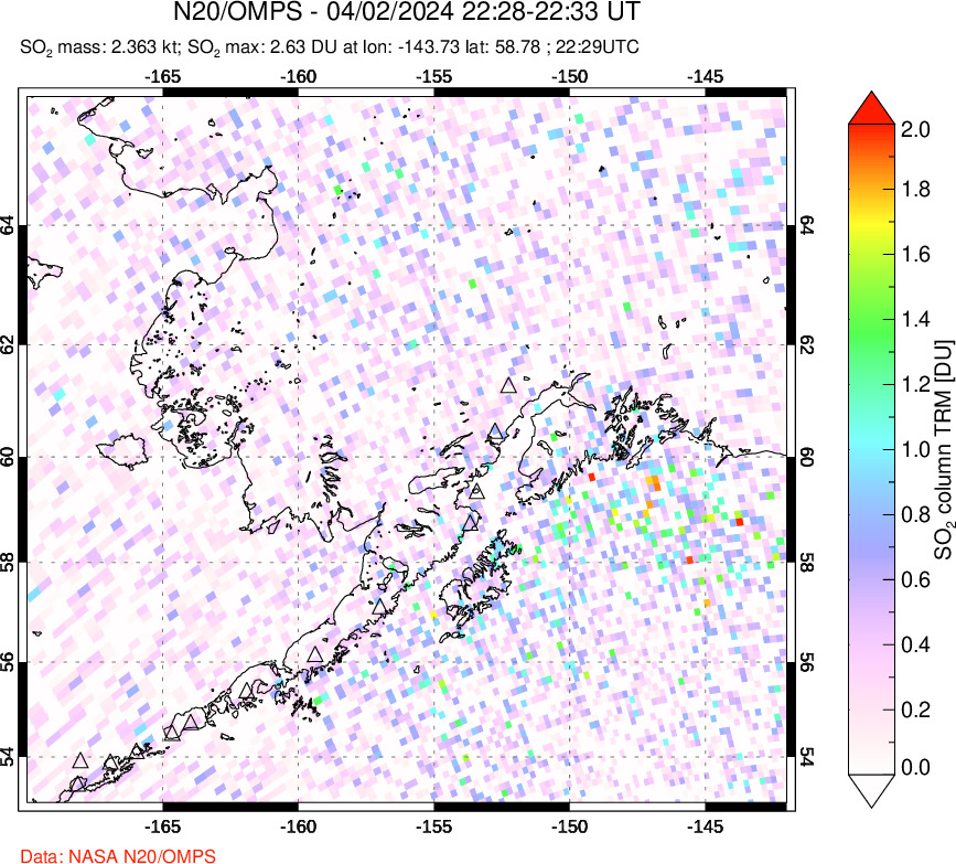 A sulfur dioxide image over Alaska, USA on Apr 02, 2024.