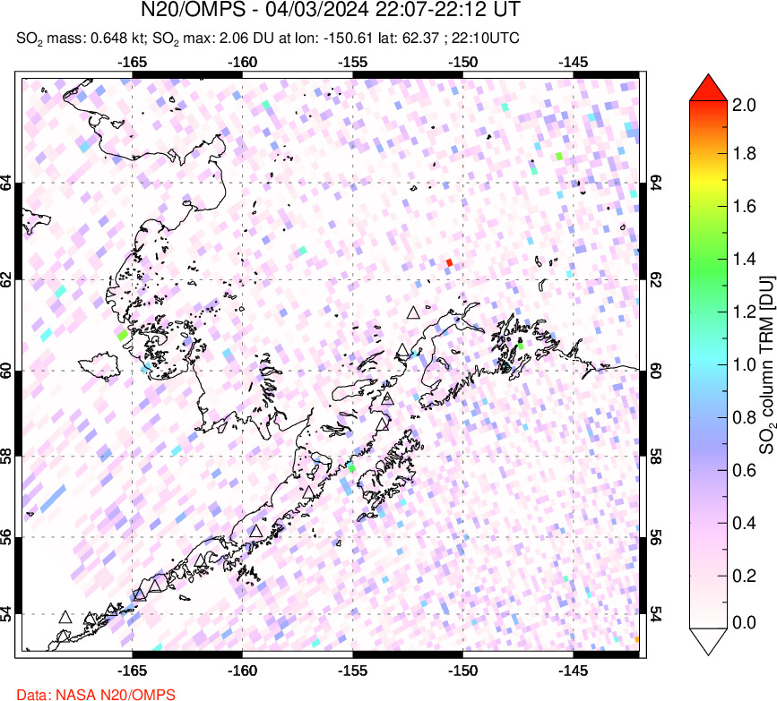 A sulfur dioxide image over Alaska, USA on Apr 03, 2024.