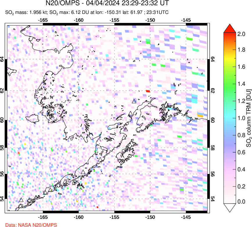 A sulfur dioxide image over Alaska, USA on Apr 04, 2024.