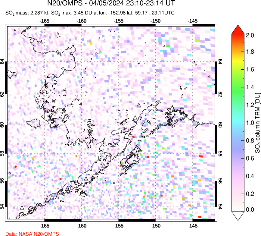 A sulfur dioxide image over Alaska, USA on Apr 05, 2024.