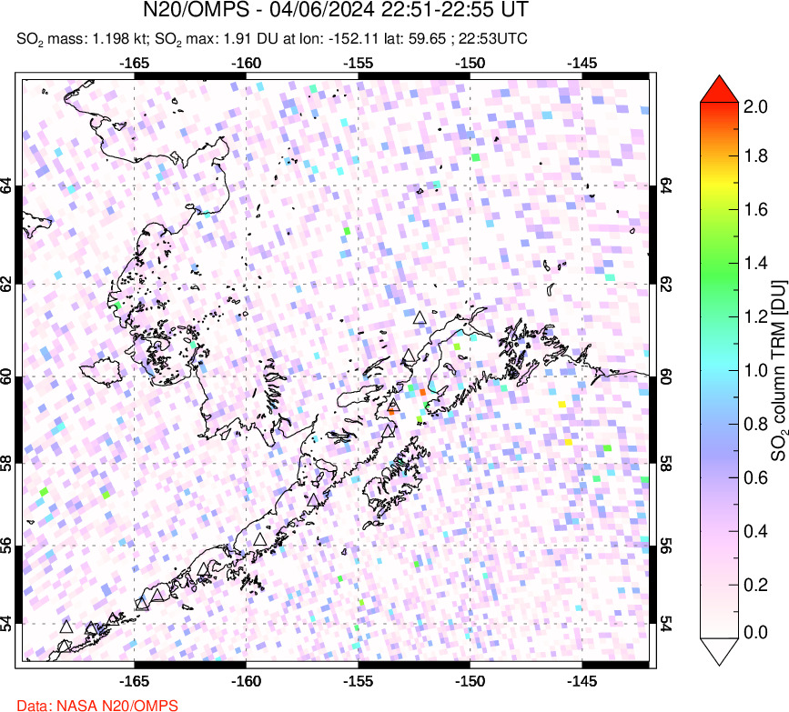 A sulfur dioxide image over Alaska, USA on Apr 06, 2024.