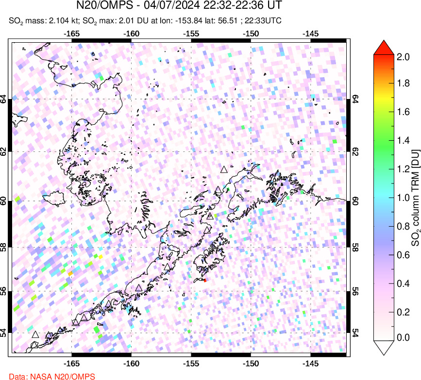 A sulfur dioxide image over Alaska, USA on Apr 07, 2024.