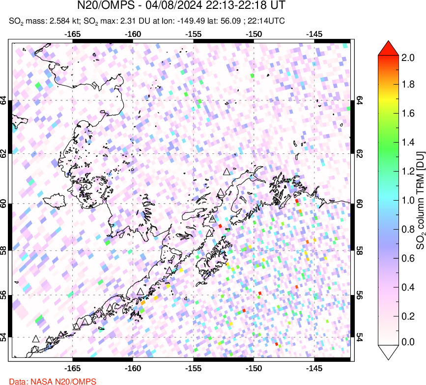 A sulfur dioxide image over Alaska, USA on Apr 08, 2024.