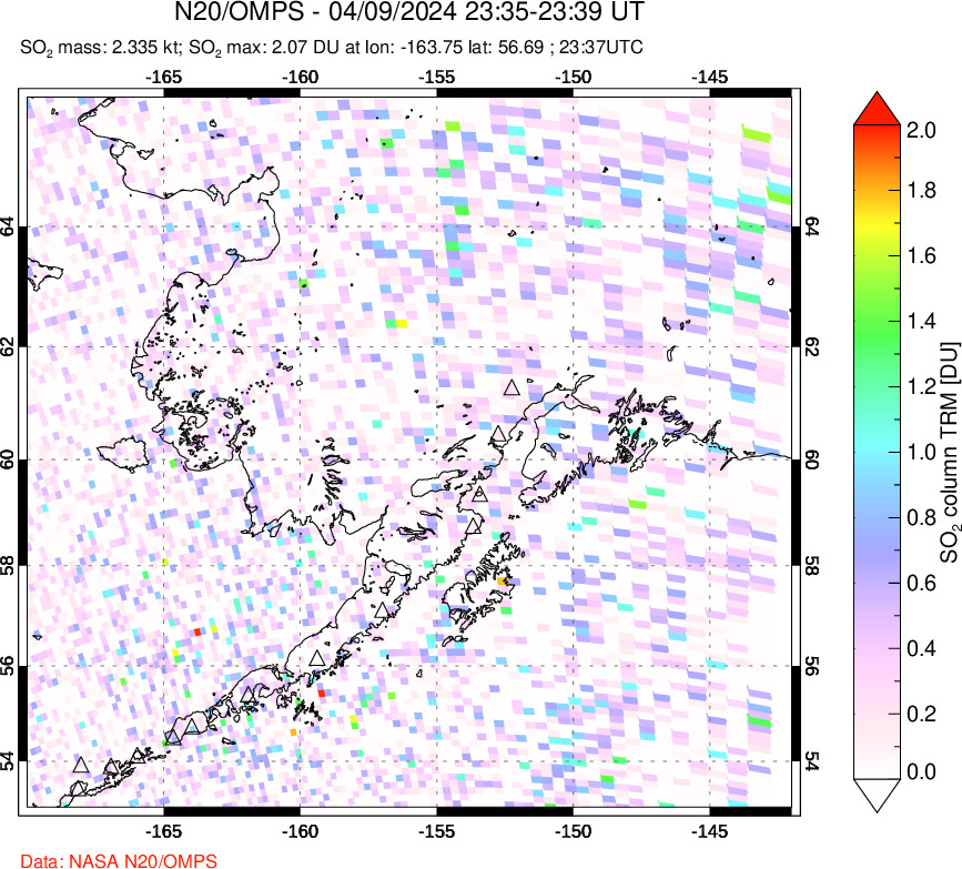 A sulfur dioxide image over Alaska, USA on Apr 09, 2024.