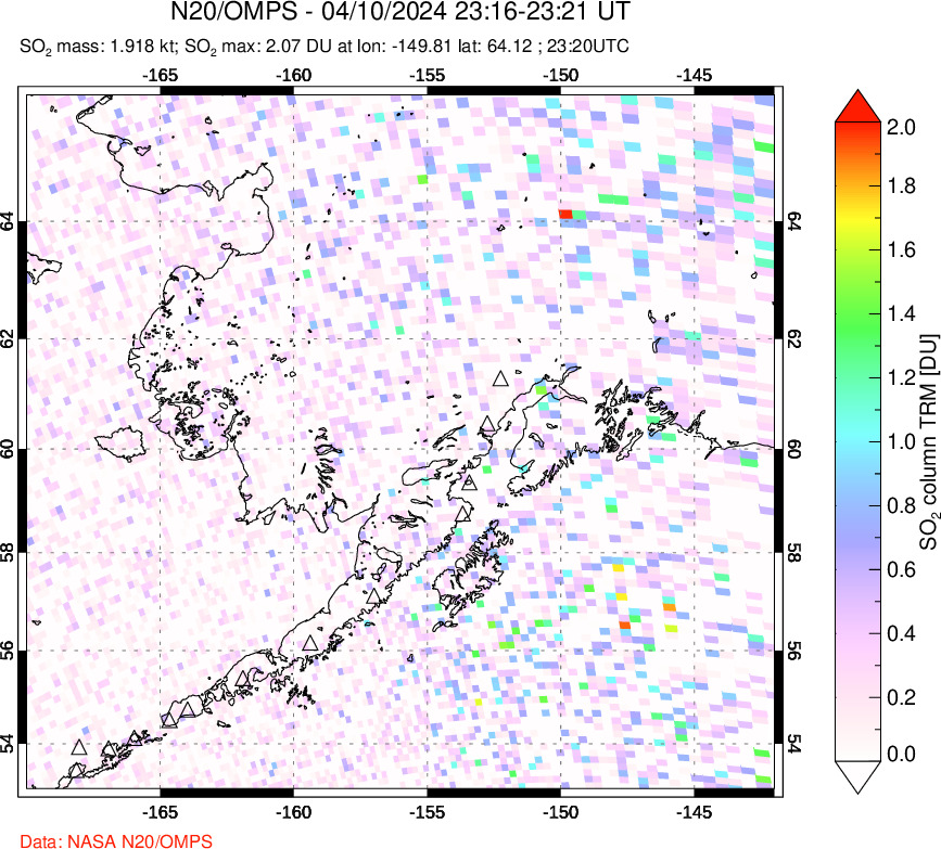 A sulfur dioxide image over Alaska, USA on Apr 10, 2024.