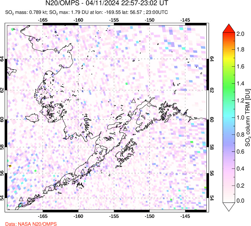 A sulfur dioxide image over Alaska, USA on Apr 11, 2024.