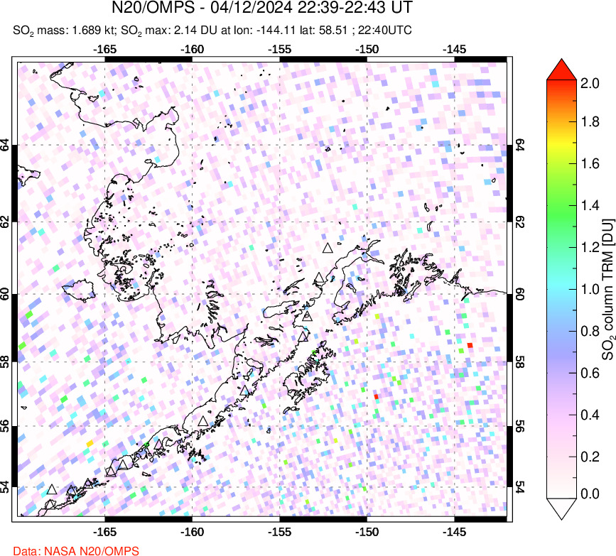 A sulfur dioxide image over Alaska, USA on Apr 12, 2024.