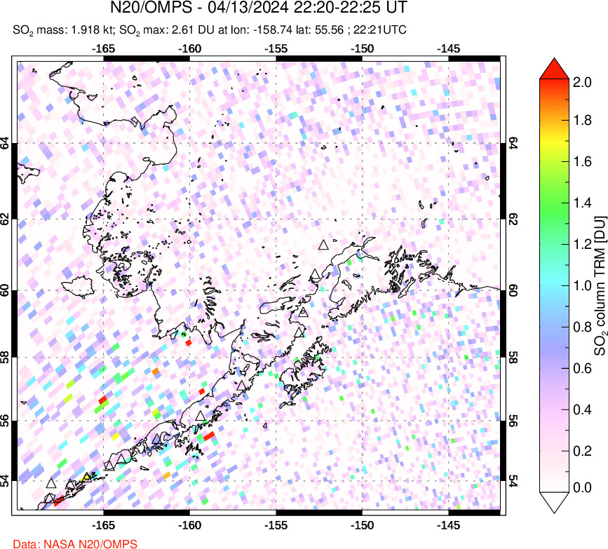 A sulfur dioxide image over Alaska, USA on Apr 13, 2024.