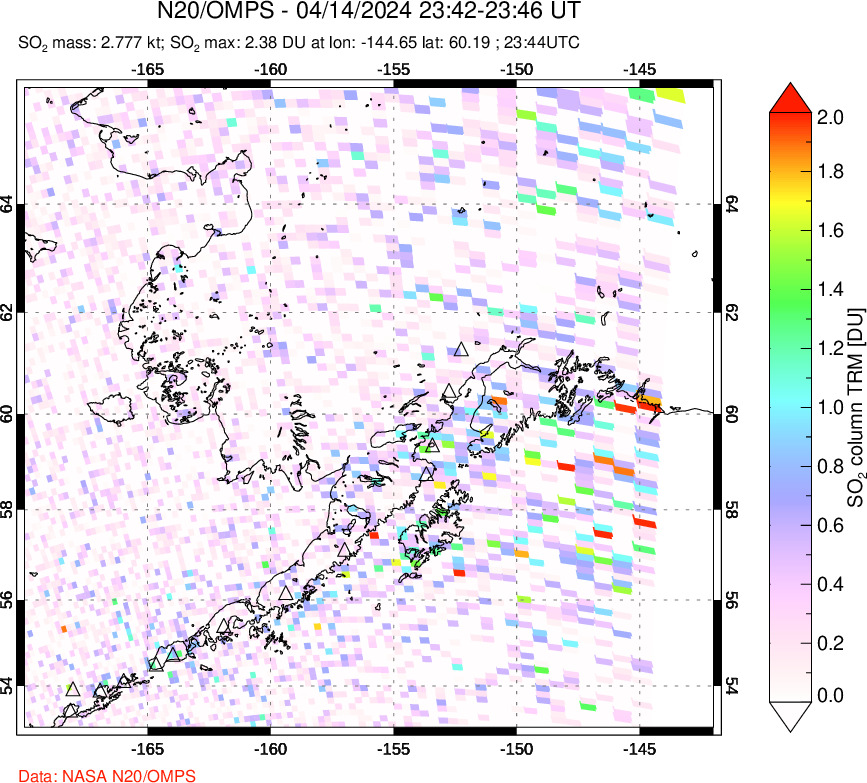 A sulfur dioxide image over Alaska, USA on Apr 14, 2024.