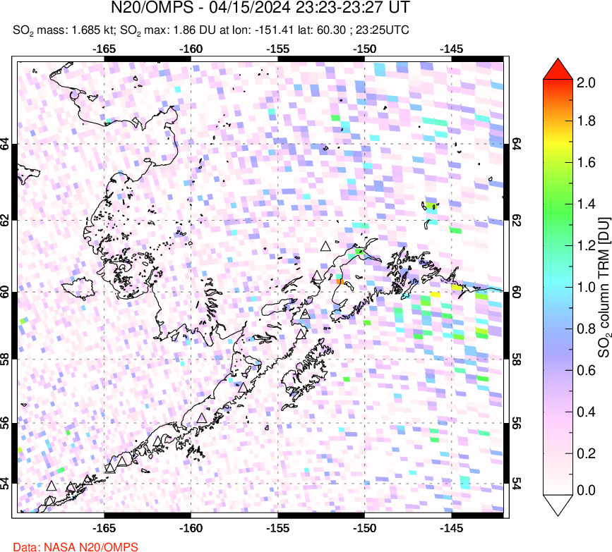 A sulfur dioxide image over Alaska, USA on Apr 15, 2024.