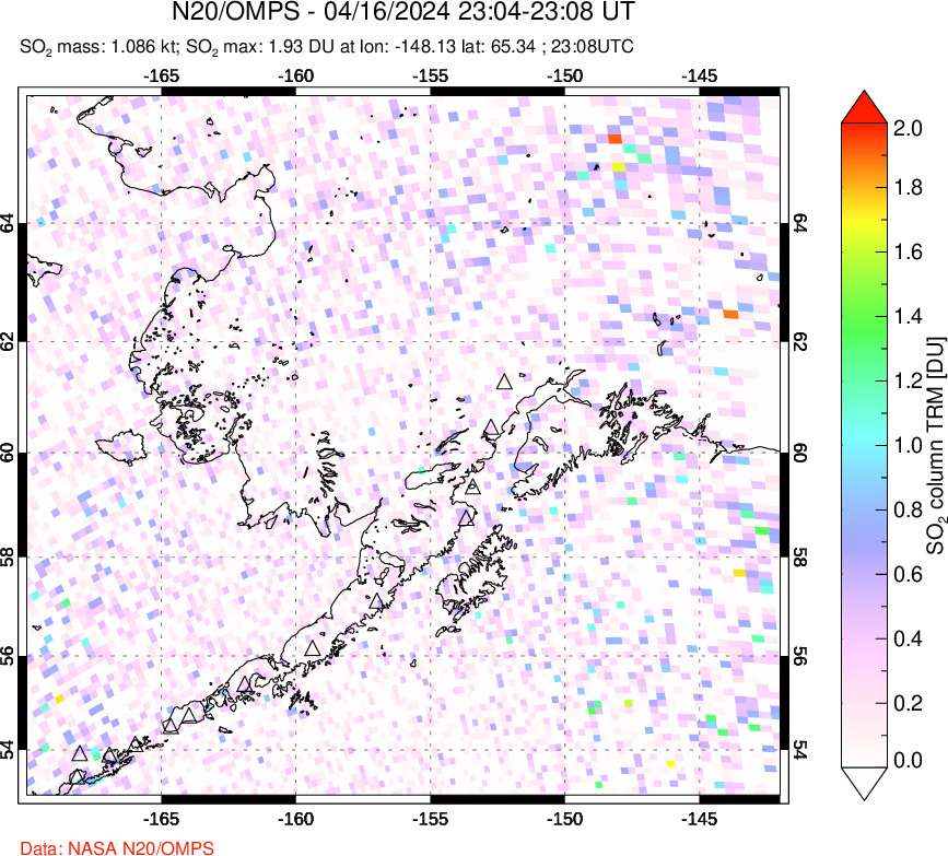 A sulfur dioxide image over Alaska, USA on Apr 16, 2024.