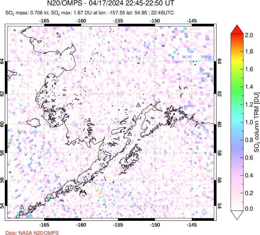 A sulfur dioxide image over Alaska, USA on Apr 17, 2024.