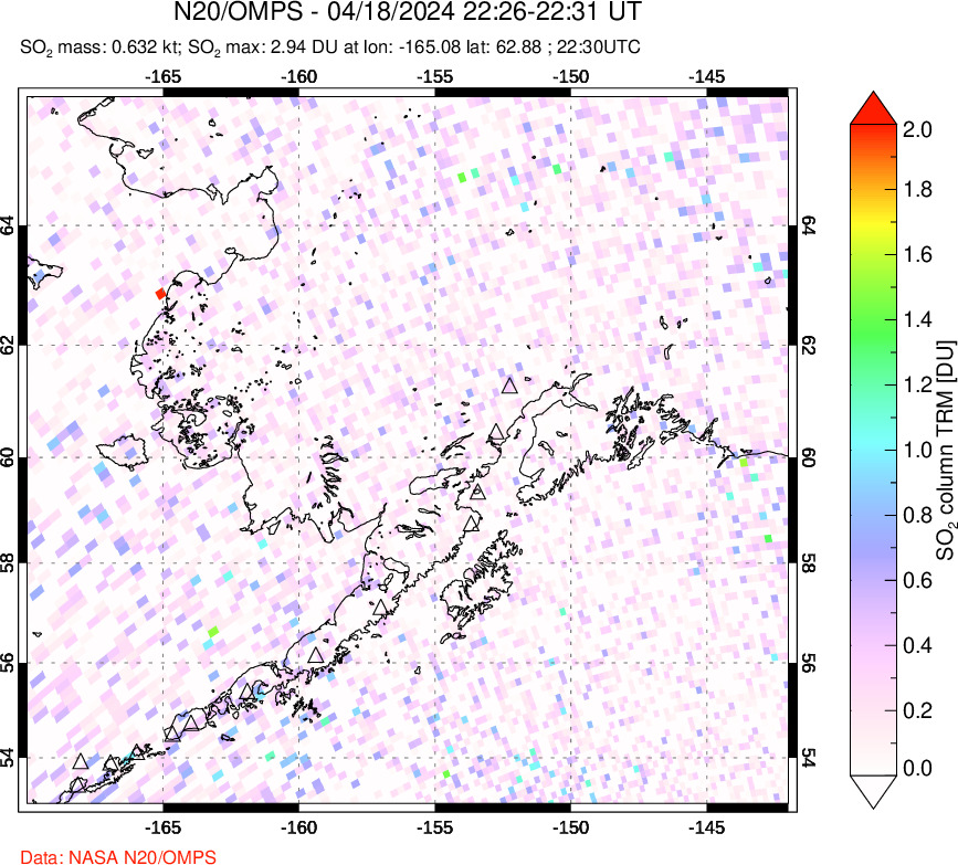 A sulfur dioxide image over Alaska, USA on Apr 18, 2024.