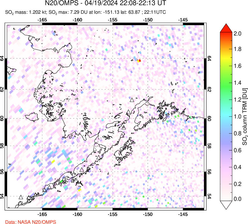 A sulfur dioxide image over Alaska, USA on Apr 19, 2024.