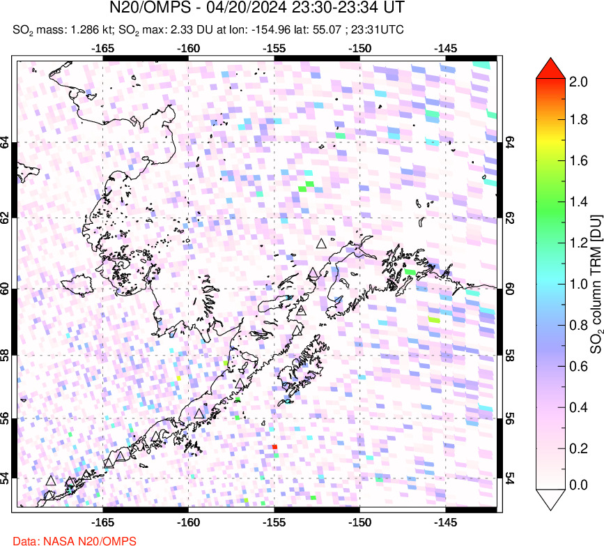 A sulfur dioxide image over Alaska, USA on Apr 20, 2024.