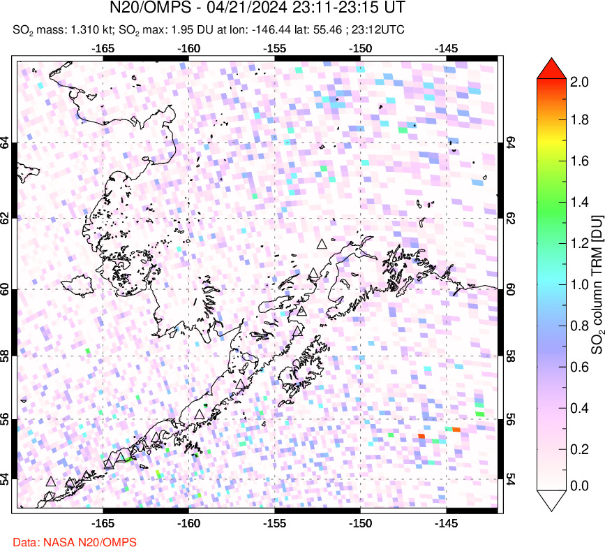 A sulfur dioxide image over Alaska, USA on Apr 21, 2024.