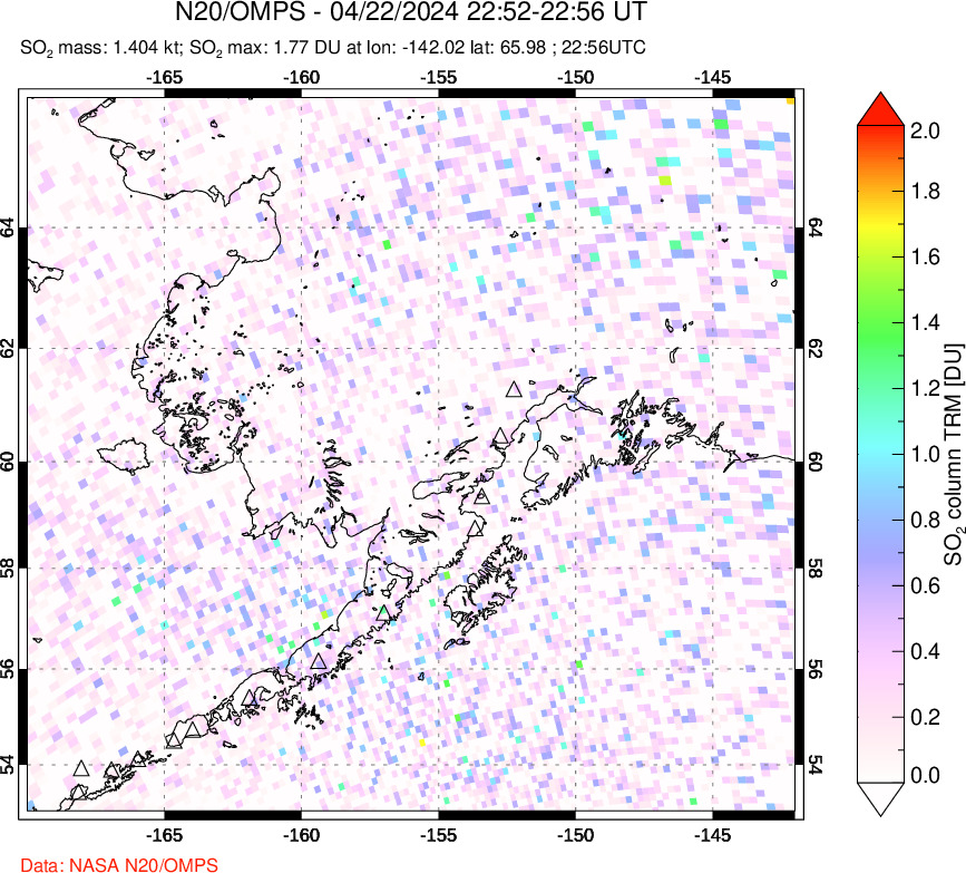 A sulfur dioxide image over Alaska, USA on Apr 22, 2024.