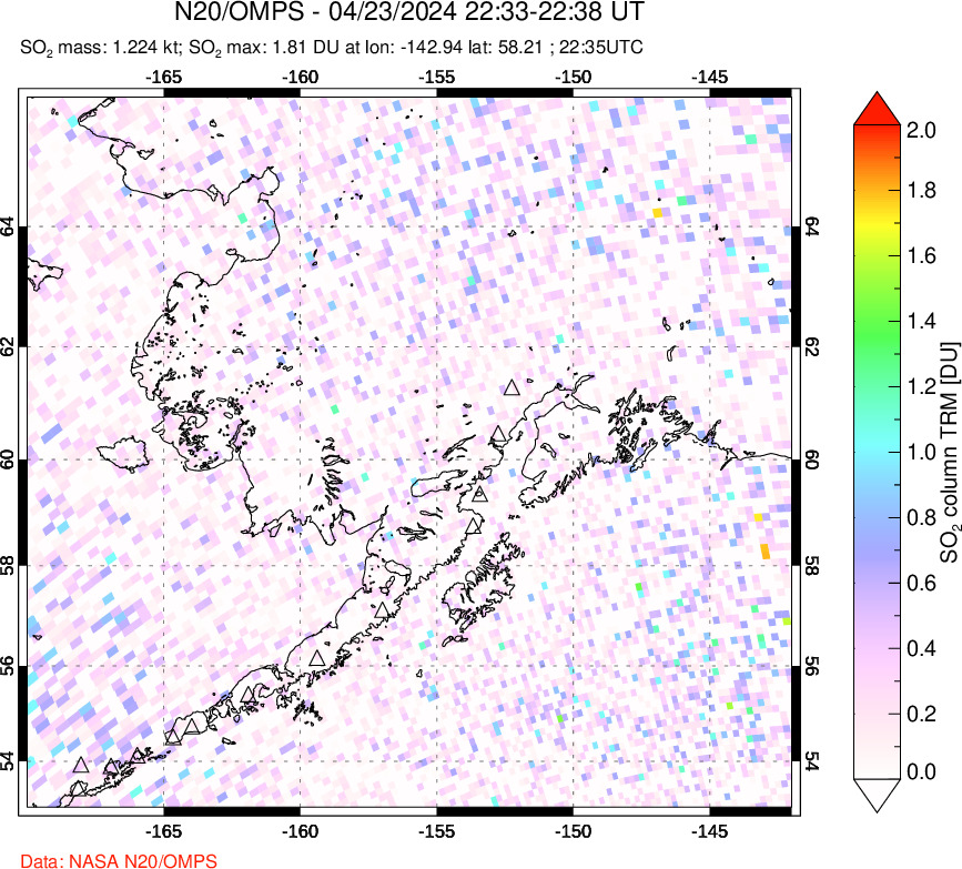 A sulfur dioxide image over Alaska, USA on Apr 23, 2024.