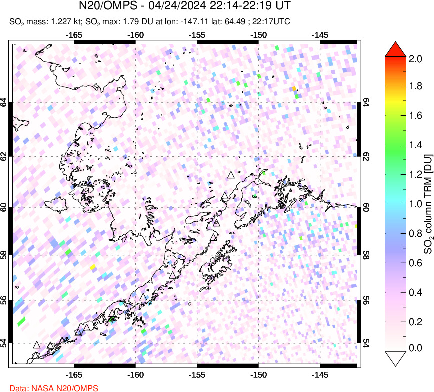 A sulfur dioxide image over Alaska, USA on Apr 24, 2024.