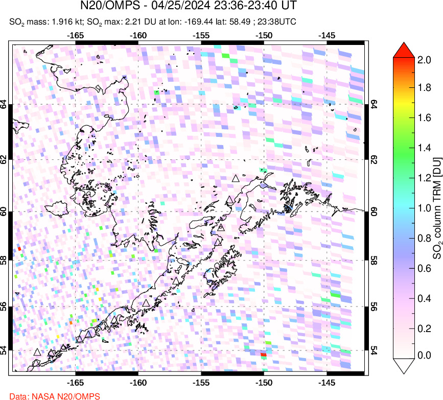 A sulfur dioxide image over Alaska, USA on Apr 25, 2024.