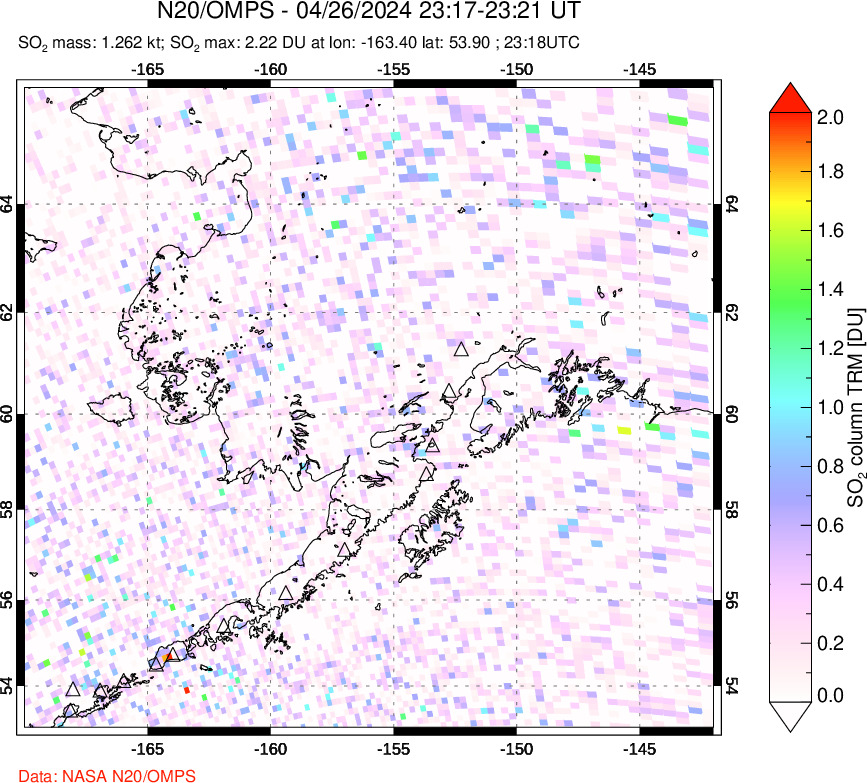 A sulfur dioxide image over Alaska, USA on Apr 26, 2024.