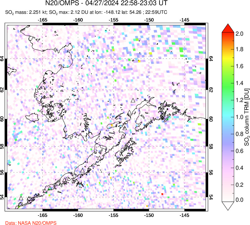 A sulfur dioxide image over Alaska, USA on Apr 27, 2024.